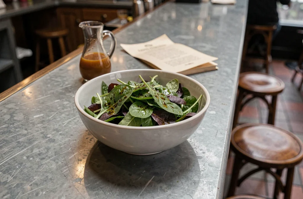 Salade verte assaisonnée de vinaigrette maison dans un bol posé sur le comptoir d'un bistrot parisien authentique