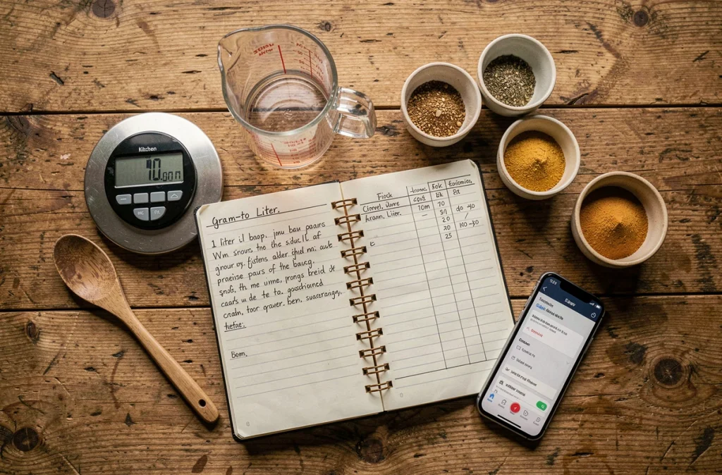 Vue aérienne d'une table de cuisine avec une balance numérique, un carnet de conversions grammes et litres manuscrit et des ingrédients mesurés
