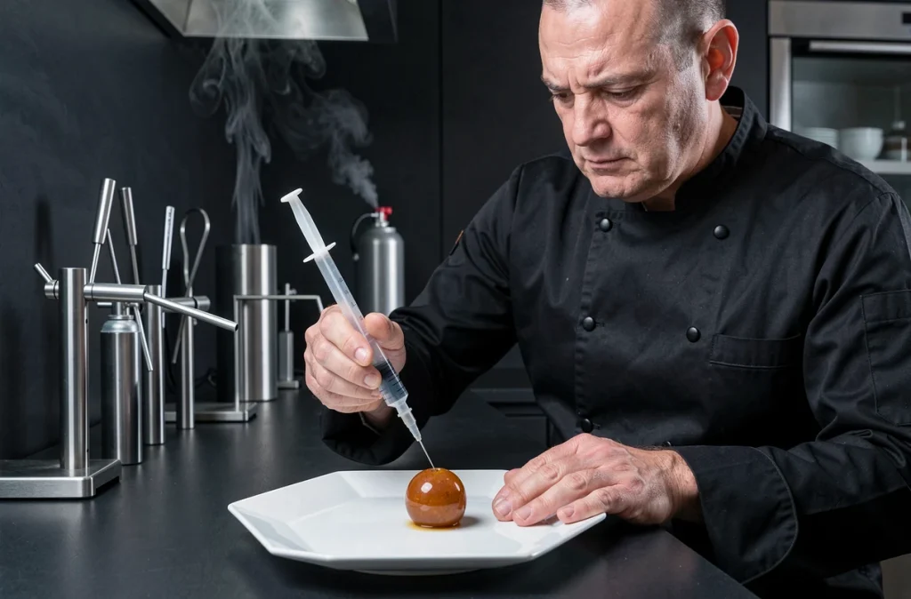 Chef Thierry Marx en cuisine parisienne, réalisant une sphérification avec une seringue de précision dans un environnement de gastronomie moléculaire