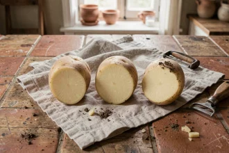 Trois variétés de pommes de terre crues — Bintje, Charlotte et Monalisa — disposées sur une table en bois rustique pour une rapée réussie