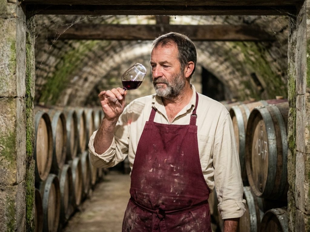 Vigneron bourguignon examinant un verre de Pinot Noir dans une cave voûtée en pierre avec des fûts de chêne anciens