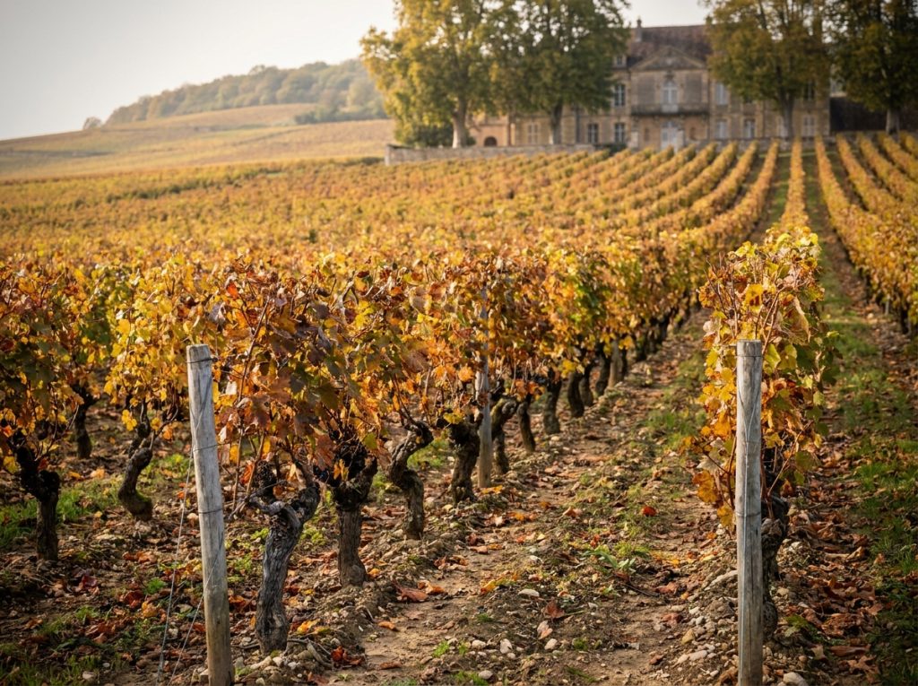 Vignes de Pinot Noir en automne devant un domaine bourguignon en pierre du XVIIIe siècle spécialisé dans les vins de garde