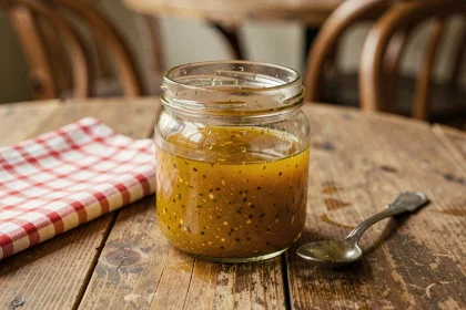 Bocal en verre de vinaigrette maison façon bistrot posé sur une table en bois rustique avec une cuillère vintage
