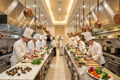 Brigade de chefs cuisiniers français en tenue blanche travaillant dans une grande cuisine gastronomique professionnelle