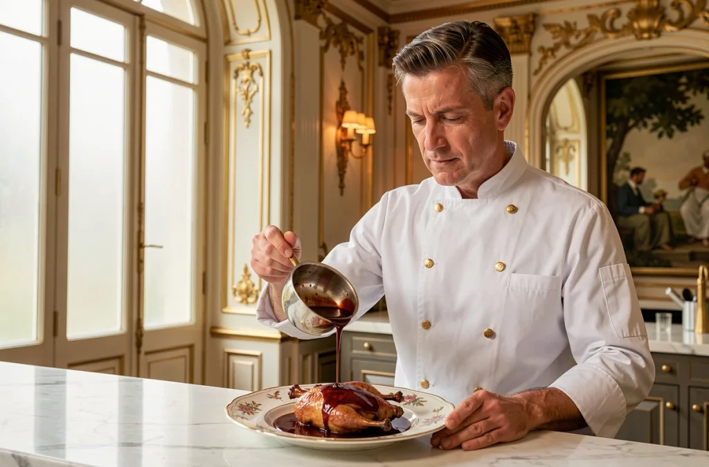 Chef Yannick Alléno nappant un pigeon rôti d'une sauce brillante réinventée au Pavillon Ledoyen à Paris
