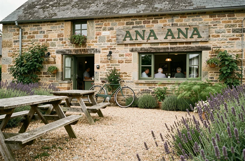 La façade en pierre du bistrot Ana Ana à Plouasne, entourée d'un jardin sauvage et d'une terrasse en gravier conviviale