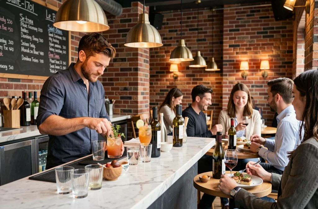 Intérieur animé du bistrot contemporain Le 1701 à Saint-Brieuc avec bar en marbre