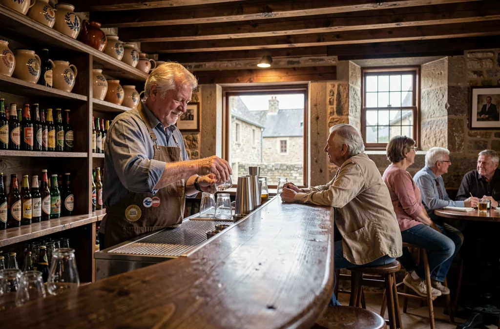 Le bar du bistrot Brasse Bouillon à Dol-de-Bretagne, avec son comptoir en bois ancien, ses bières artisanales locales et son atmosphère authentique