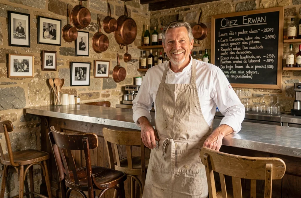Le bistrot Chez Erwan à Rostrenen, avec son comptoir en zinc, ses murs en pierre et son ambiance chaleureuse typiquement bretonne