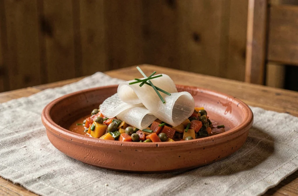 Plat de morue basque revisitée au restaurant Choko Ona, bacalao en copeaux sur piperade dans un bol en terre cuite artisanale posé sur lin brut