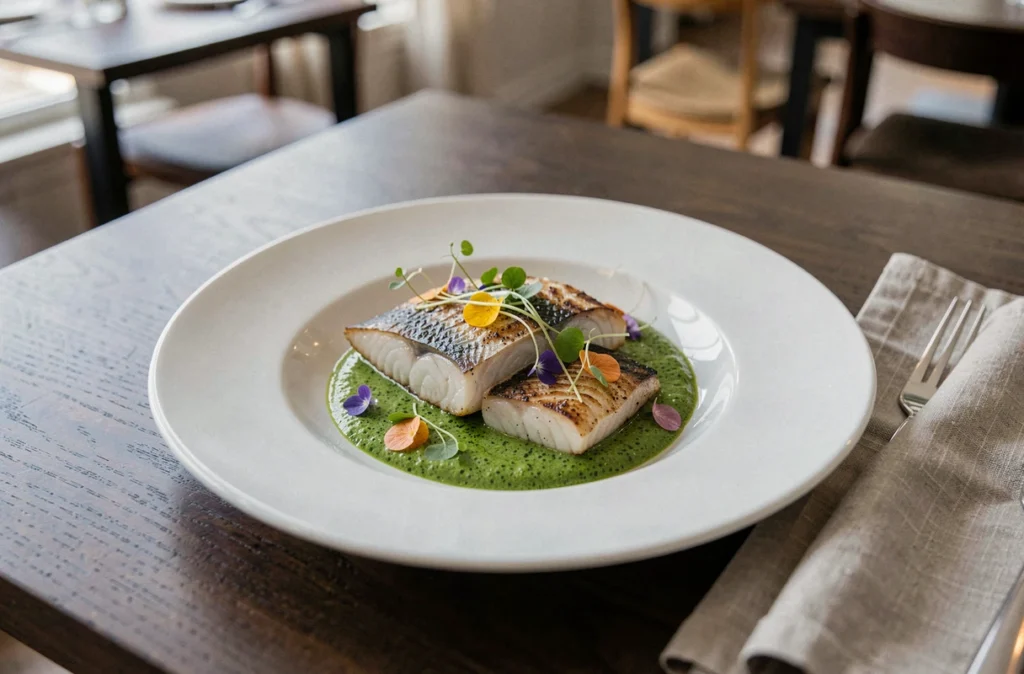 Assiette gastronomique deux étoiles Michelin du restaurant Ekaitza à Saint-Jean-de-Luz, poisson basque finement dressé avec émulsion aux herbes et fleurs comestibles