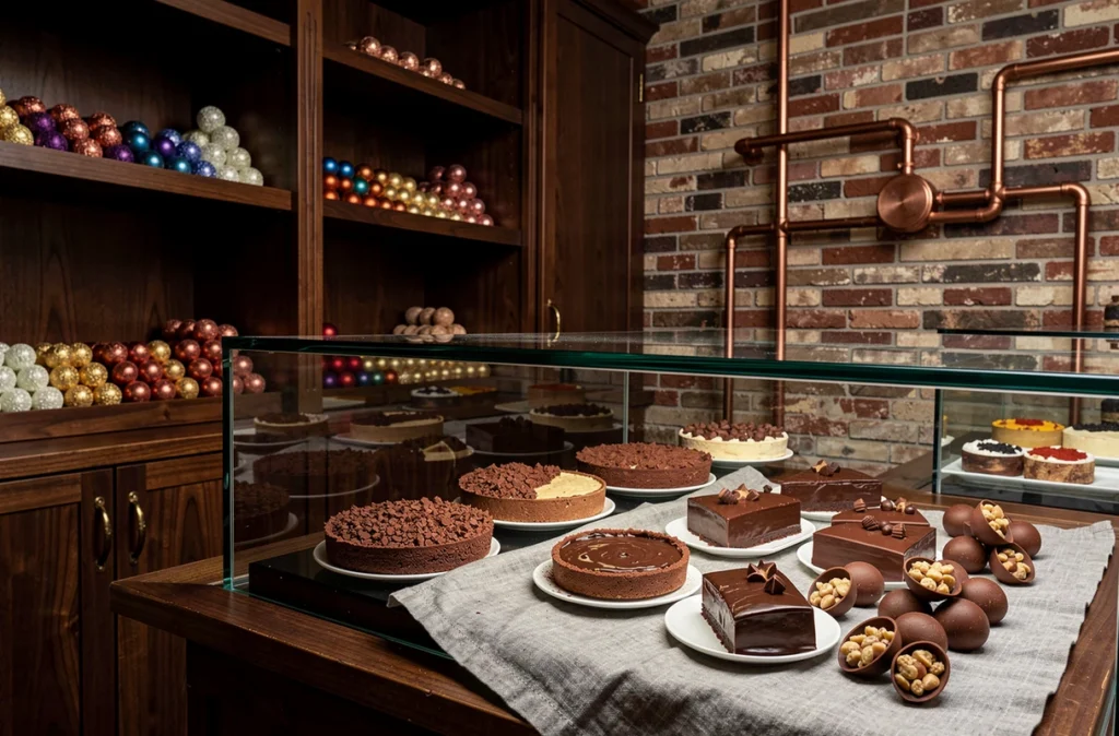Vitrine de l'Esprit Cacao à Tours avec des créations pâtissières et des bonbons artisanaux autour du chocolat