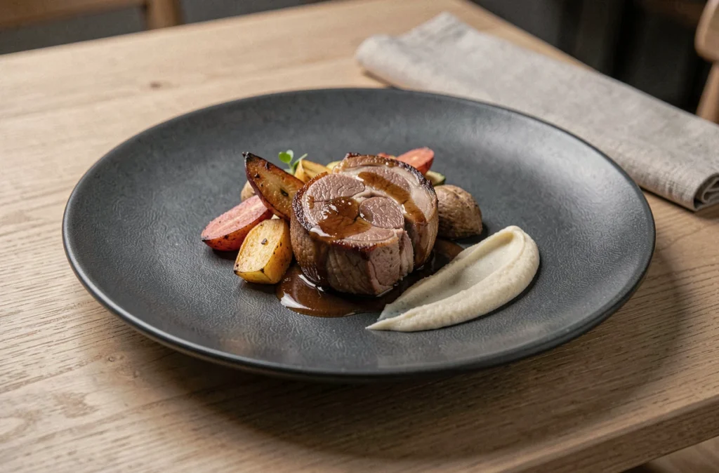 Assiette de cuisine française moderne du restaurant Etchehandia à Espelette, joue de porc basque mijotée avec jus réduit et purée de céleri sur céramique ardoise