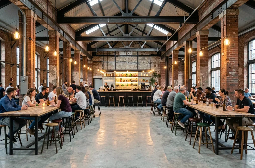 L'intérieur industriel du Fabrik 1801 à Brest, avec ses poutres métalliques, son bar central et ses longues tablées dans un ancien entrepôt converti