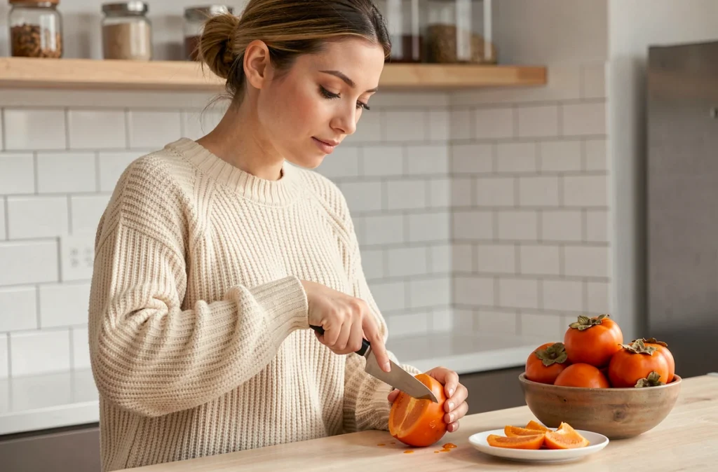 Jeune femme épluchant un kaki mûr dans une cuisine moderne avec des kaki entiers et des tranches disposés sur le plan de travail