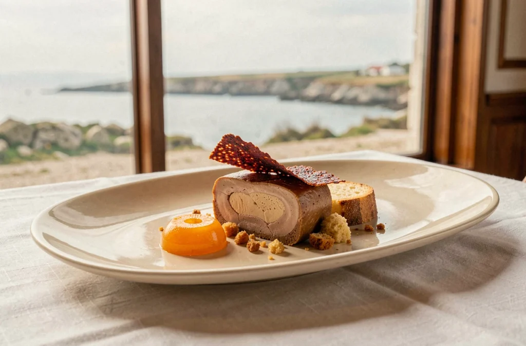 Assiette étoilée des Frères Ibarboure à Bidart, terrine de foie gras de canard avec gelée de coing et tuile au piment d'Espelette sur nappe blanche