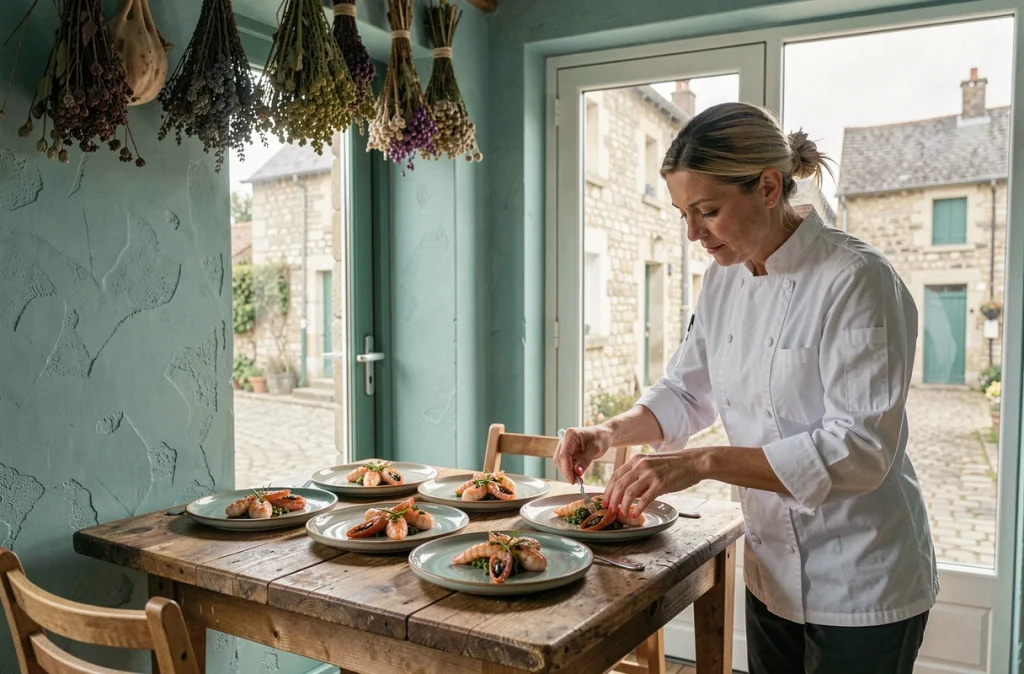 Le bistrot Glaz à Pont-Croix, avec ses murs en plâtre teinté bleu-vert, ses assiettes de fruits de mer frais et sa déco épurée face à la rue en pierre
