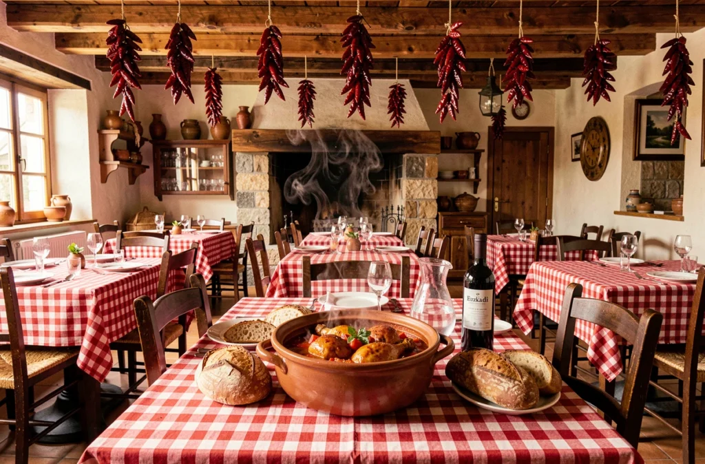 Salle de l'Hôtel-Restaurant Euzkadi à Espelette avec piments rouges séchés aux poutres, nappes à carreaux et poulet basque au piment servi en cocotte en terre