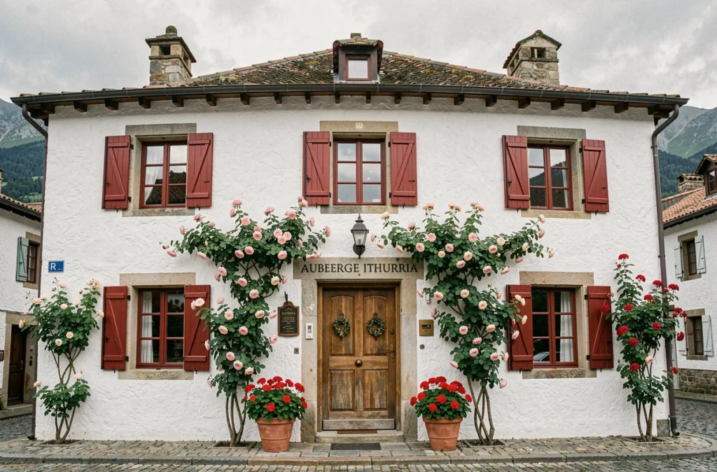 Façade en pierre de l'auberge gastronomique Ithurria à Ainhoa, avec volets rouges traditionnels, roses grimpantes et pots de géraniums à l'entrée