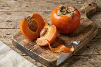 Kaki coupé en deux sur une planche en bois révélant la chair orange et les graines, avec un couteau et une peau de kaki retirée