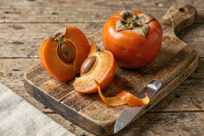Kaki coupé en deux sur une planche en bois révélant la chair orange et les graines, avec un couteau et une peau de kaki retirée