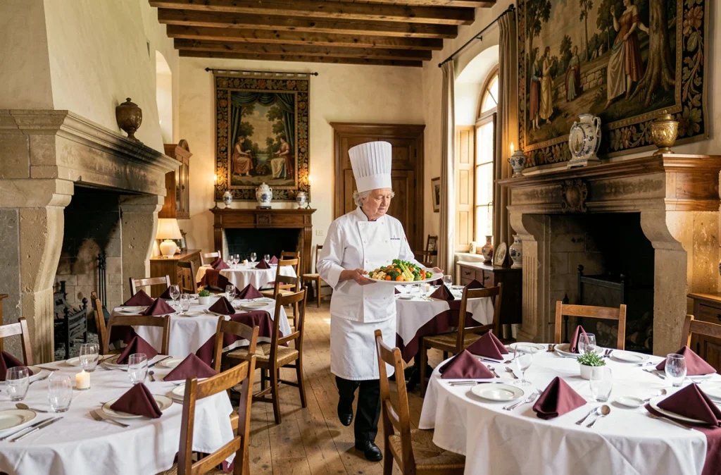 Intérieur raffiné du restaurant La Chabotterie dans le manoir de Montréverd