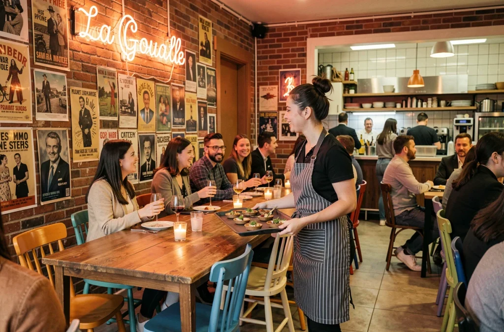L'intérieur animé du bistrot La Gouaille à Rennes, avec ses murs en brique, ses affiches vintage et sa clientèle jeune et décontractée
