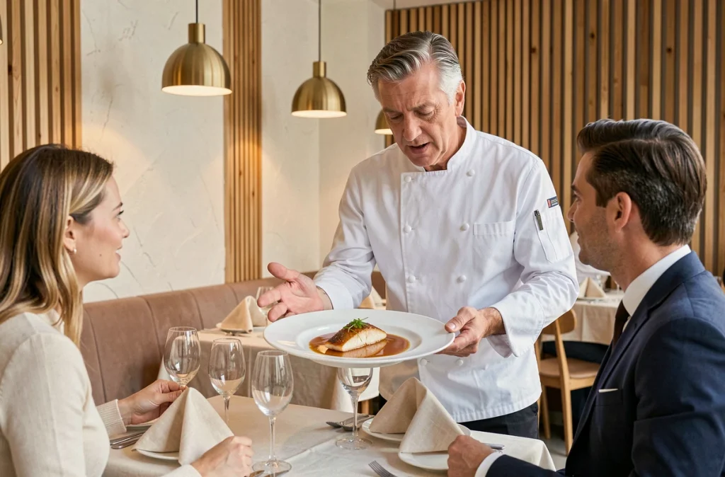 Chef présentant un plat raffiné dans la salle épurée du restaurant La Robe à Montaigu-Vendée