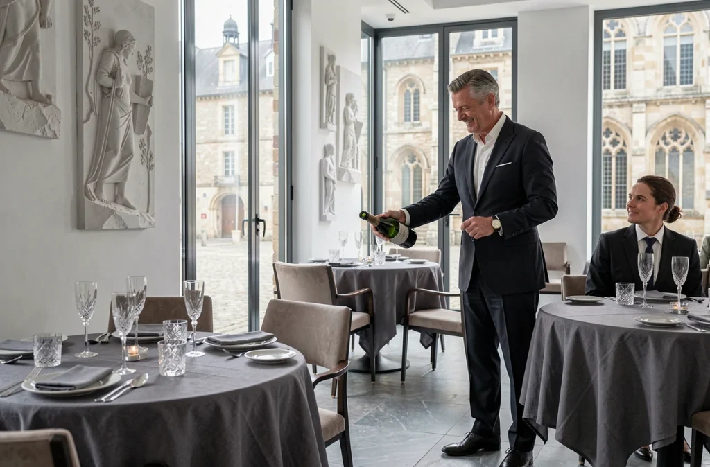 Salle élégante du restaurant La Suite à Luçon avec vue sur la place de la cathédrale
