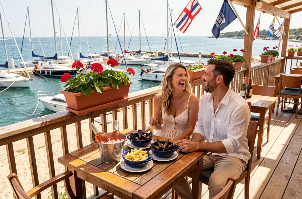 La terrasse ensoleillée du bistrot Le Petit Raout à La Trinité-sur-Mer, avec vue sur le port de plaisance et ses tables de moules-frites face aux voiliers