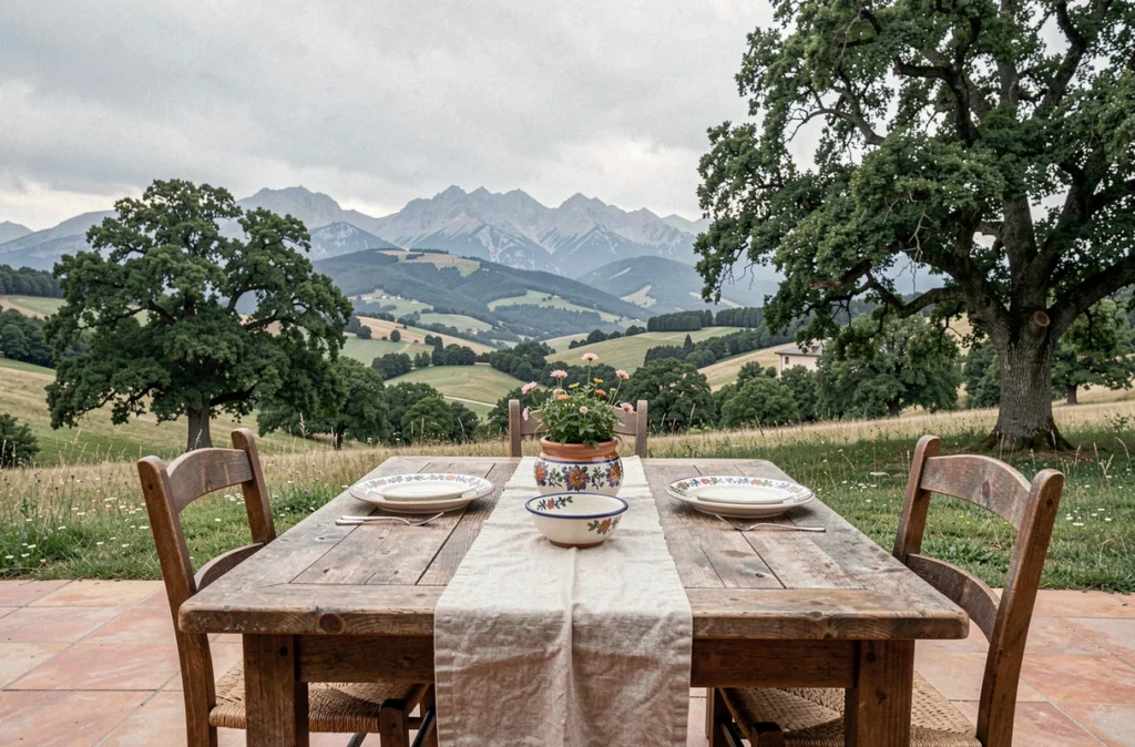 Terrasse de Lore Ttipia à l'Auberge Ostape de Bidarray avec table dressée en céramique peinte et vue panoramique sur les collines et montagnes pyrénéennes