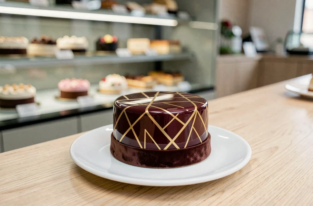 Entremets au glaçage miroir bordeaux et or de la Maison Cordier, pâtisserie d'auteur à Orléans