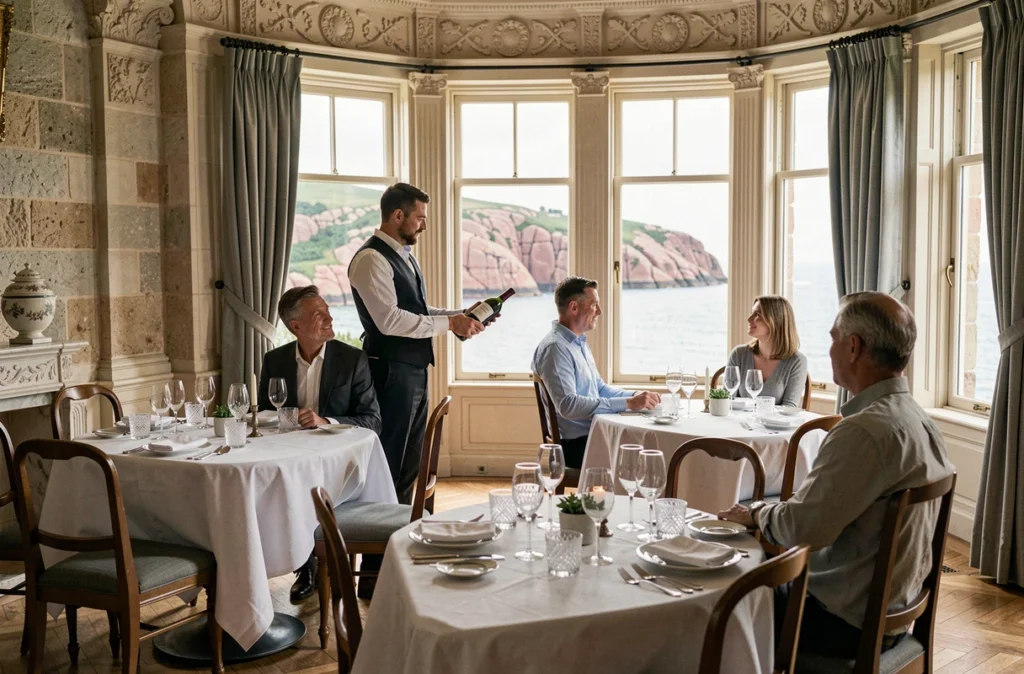 Salle de restaurant gastronomique du Manoir de Lan Kerellec à Trébeurden avec vue sur la mer