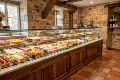 Vitrine d'une pâtisserie artisanale en Centre-Val de Loire avec une sélection de gâteaux colorés et raffinés
