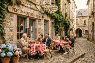 Vue d'ensemble d'une terrasse de bistrot breton typique avec façade en granit, tables en bois et ambiance conviviale dans une ruelle pavée