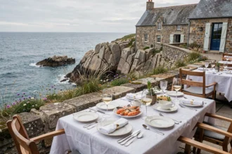 Terrasse de restaurant gastronomique en Bretagne avec vue sur la côte des Côtes-d'Armor