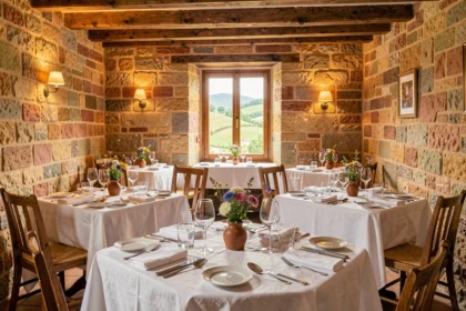 Salle de restaurant gastronomique basque aux murs en pierre, poutres en bois et tables dressées avec soin, avec vue sur les collines verdoyantes des Pyrénées-Atlantiques