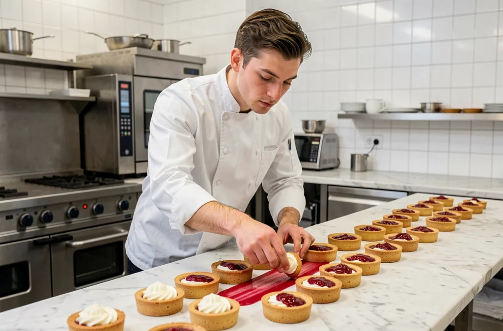 Chef pâtissier de la Pâtisserie Benjamin Bordas à Vendôme garnissant des tartes aux fruits rouges