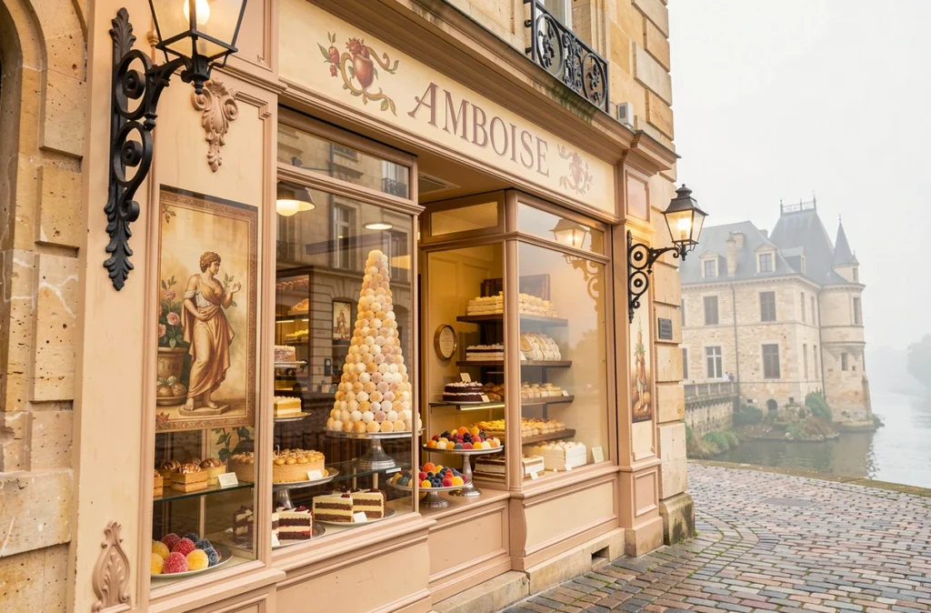 Façade historique et vitrine de la Pâtisserie Bigot, institution de la pâtisserie à Amboise