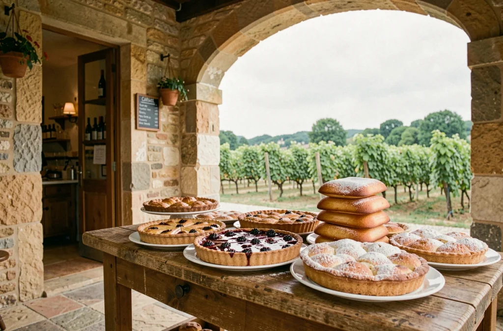 Table de dégustation de la Pâtisserie Brémaud à Bourgueil avec des créations inspirées du vignoble local