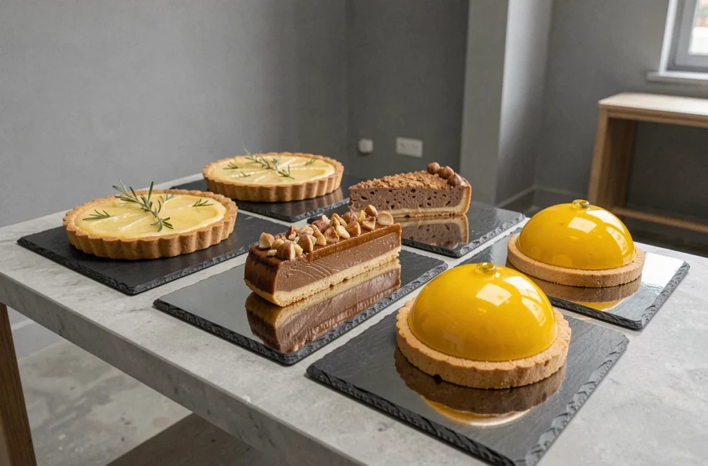 Sélection de pâtisseries individuelles raffinées de Nicolas Léger, rive gauche à Tours
