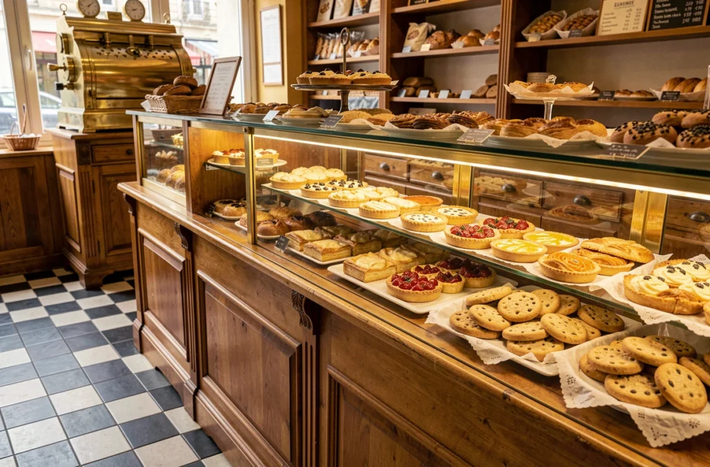 Intérieur classique et comptoir de la Pâtisserie Rossignon à Bourges, dans la tradition berruyère