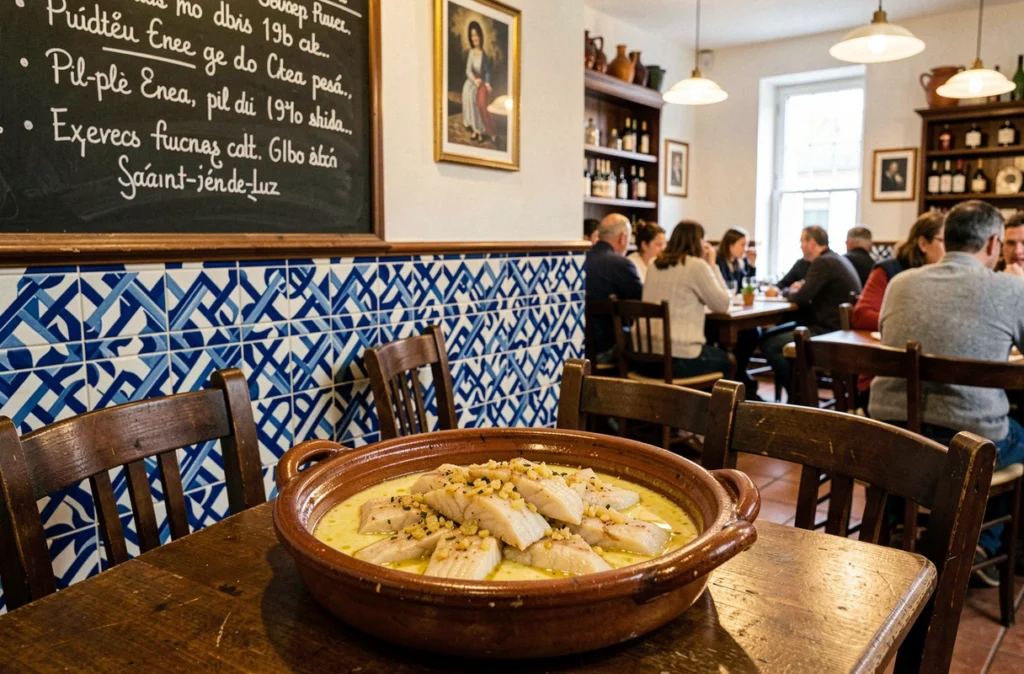 Intérieur du restaurant basque Pil Pil Enea à Saint-Jean-de-Luz avec carrelage à motifs bleus et blancs et plat de morue pil-pil en sauce ail-huile d'olive dorée