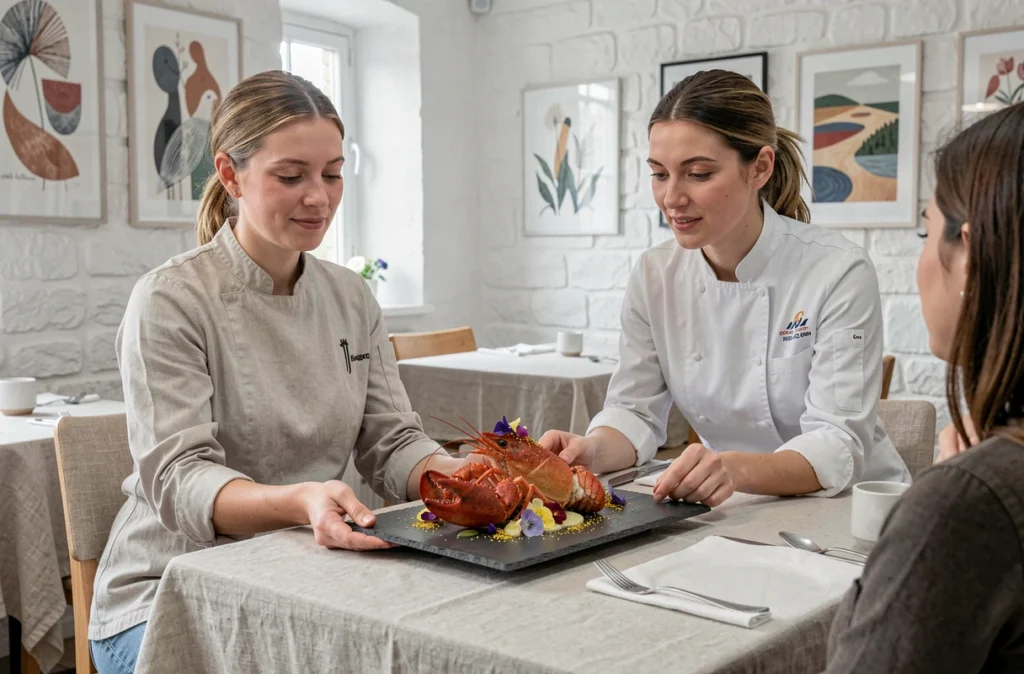 Chef de Balafenn à Perros-Guirec présentant un plat créatif de homard breton sur ardoise