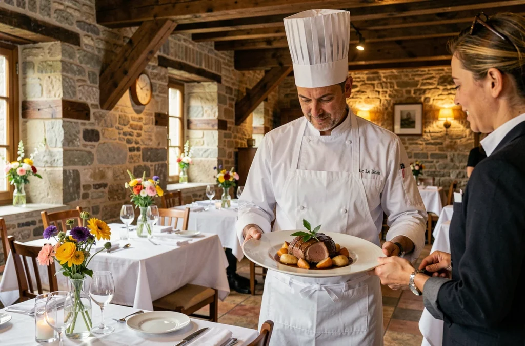 Chef du restaurant Le Doiañ à Ploézal présentant un plat gastronomique distingué