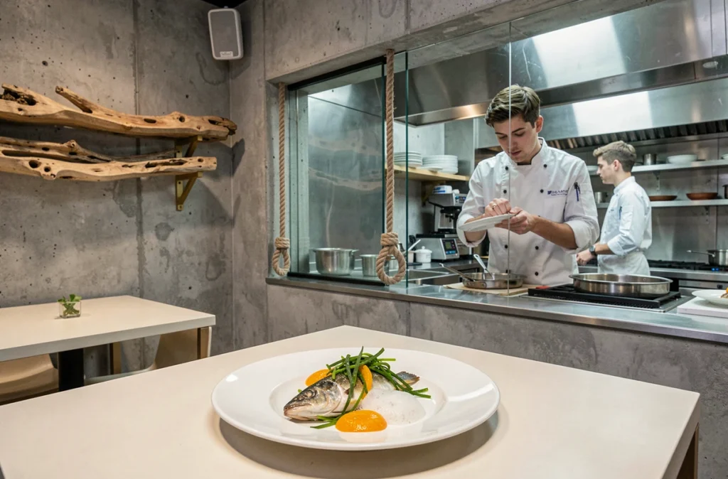 Cuisine marine créative au restaurant Le Zef à Pléneuf-Val-André avec bar ouvert sur la salle