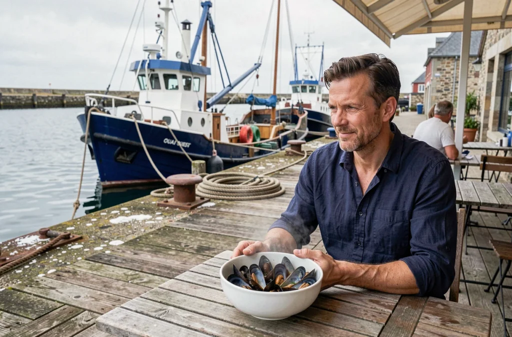 Terrasse de Quai Ouest à Paimpol avec moules marinières et bateaux de pêche dans le port