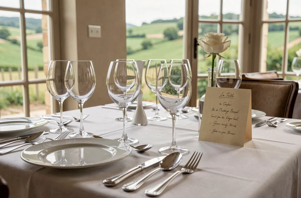 Table dressée avec élégance à La Table de l'Auberge Basque à Saint-Pée-sur-Nivelle, avec porcelaine fine, cristal et nappe en lin blanc face à la campagne basque