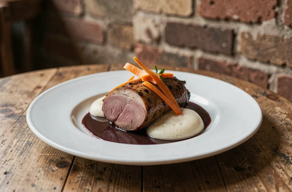 Assiette bistronomique créative de La Table d'Aurélien Largeau à Pau, pigeon béarnais rôti avec jus café-cacao, carottes anciennes et écume de beurre fumé