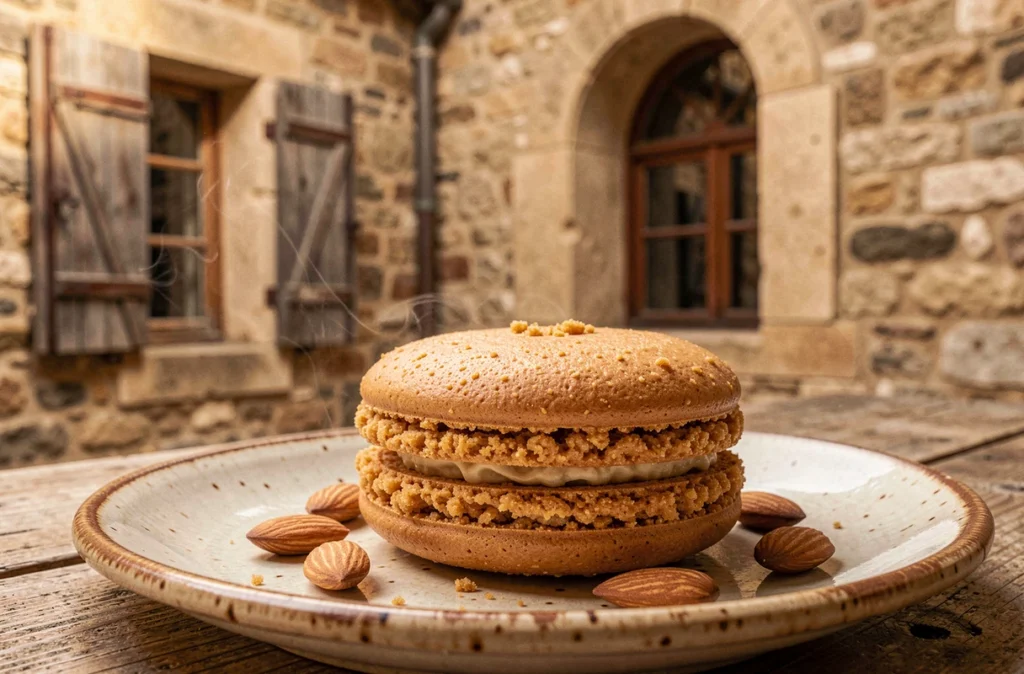 Macaron traditionnel et épais de Cormery posé sur une assiette céramique dans une boutique historique de Touraine